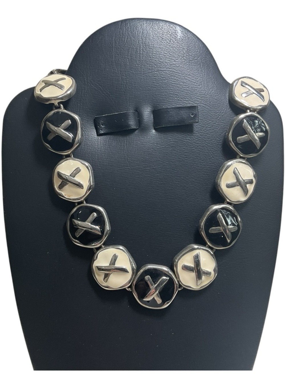 Modernist Black & Ivory Enamel Disc Statement Necklace Bold Artisan Silver-Tone